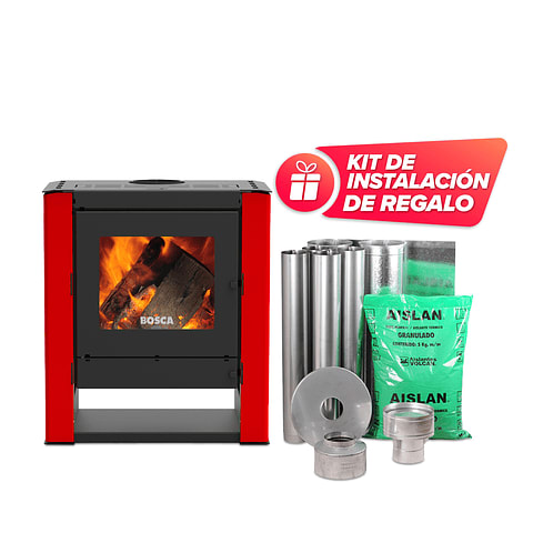 Pack Estufa a Leña Gold 500 Rojo + kit de Instalación de regalo